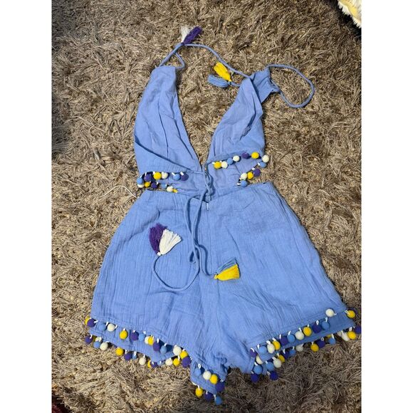 Revolve Majorelle Fiji Blue Cutout Shorts Romper with Pom Pom Trim NWT - Picture 5 of 7